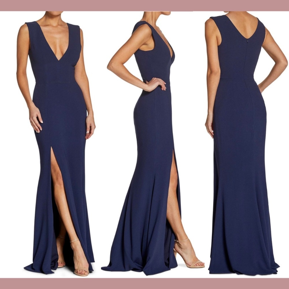 NEW Dress the‎ Population [ Large ] Sandra Plunge Crepe Trumpet Gown Blue